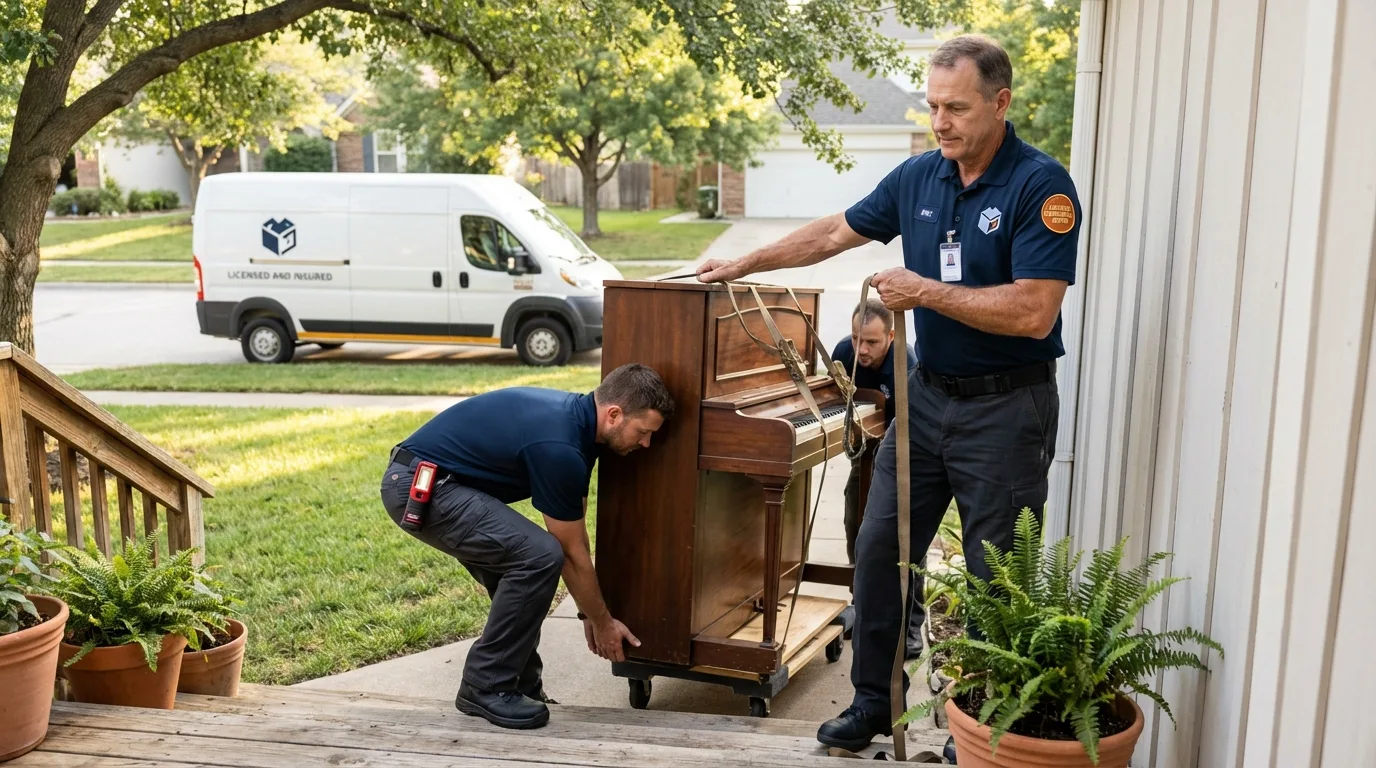 Licensed piano movers securing grand piano in Greencastle, PA