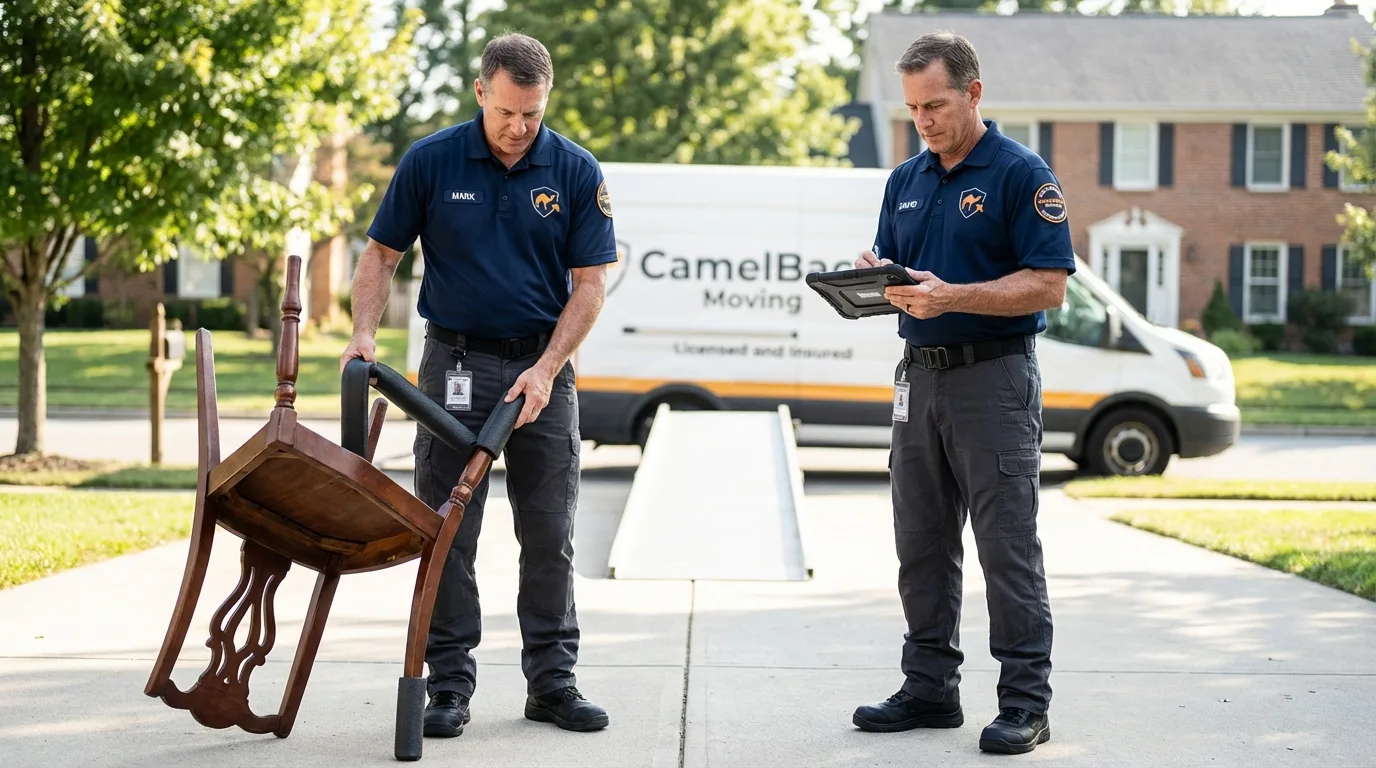 Movers inspecting furniture for damage prevention before loading in Greencastle, PA