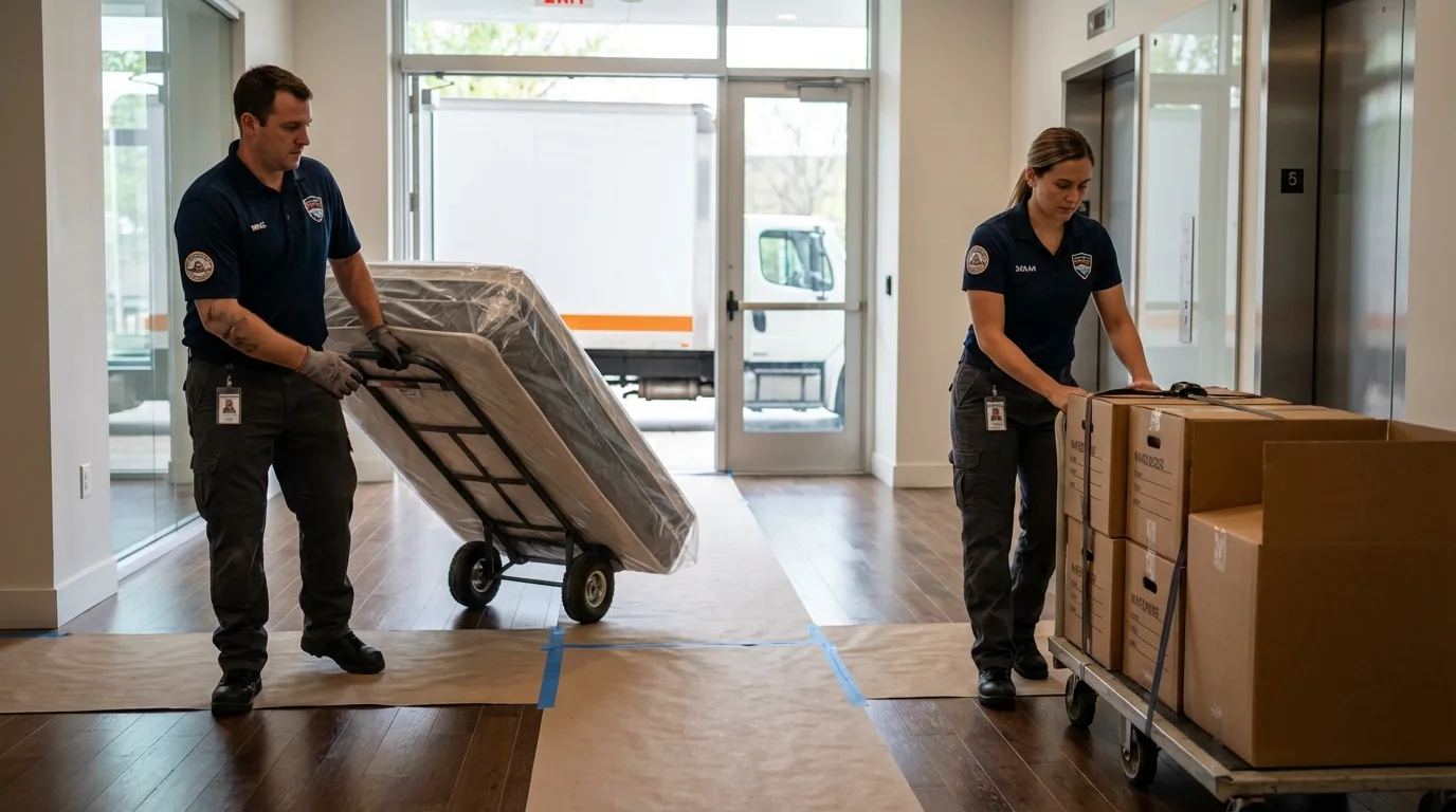 Professional apartment movers loading elevator in Greencastle, PA